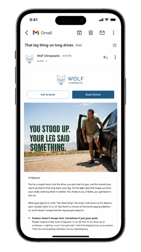A patient newsletter about long drives, shown on a phone screen