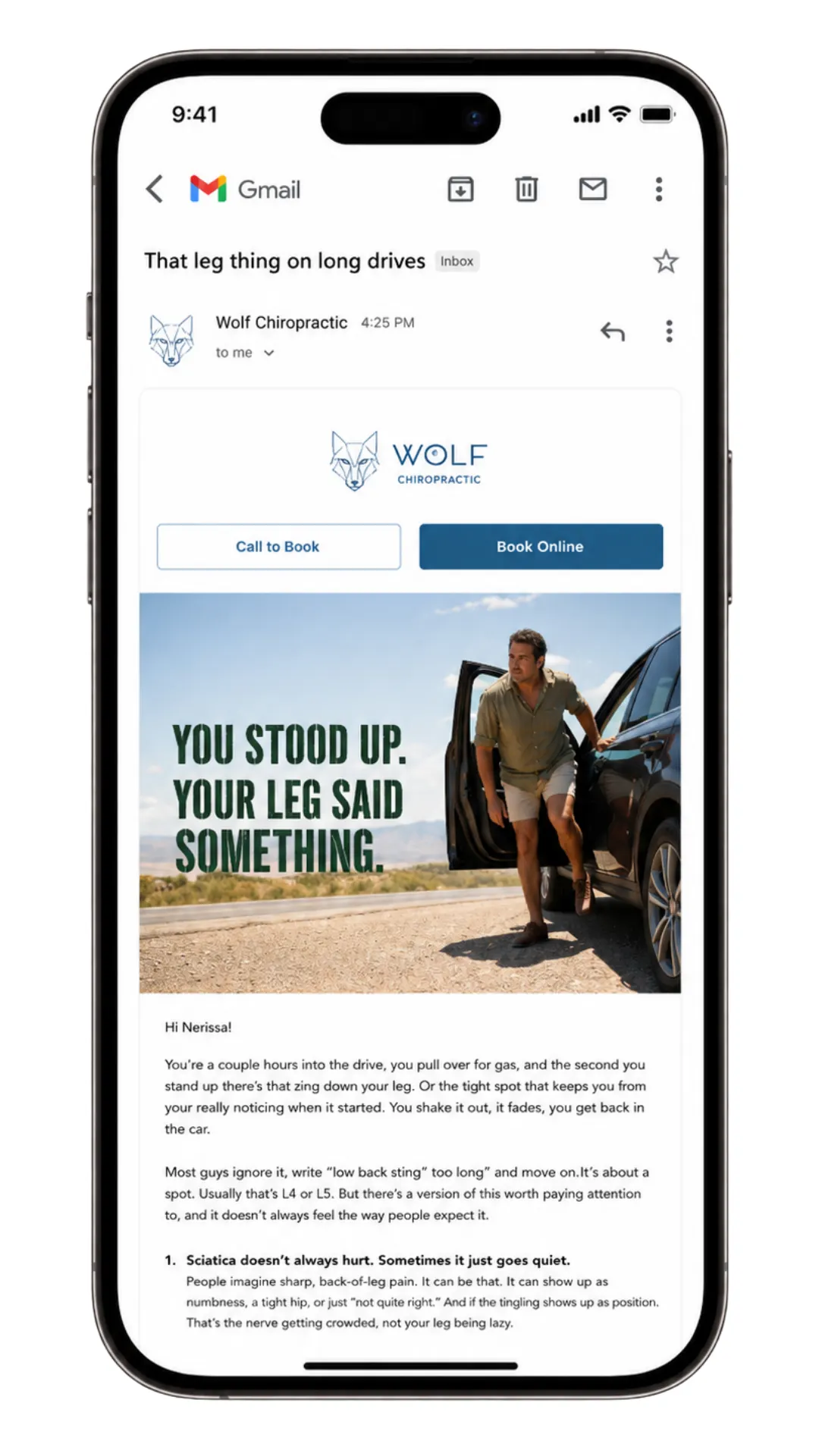 A chiropractic patient reactivation email open on a phone screen