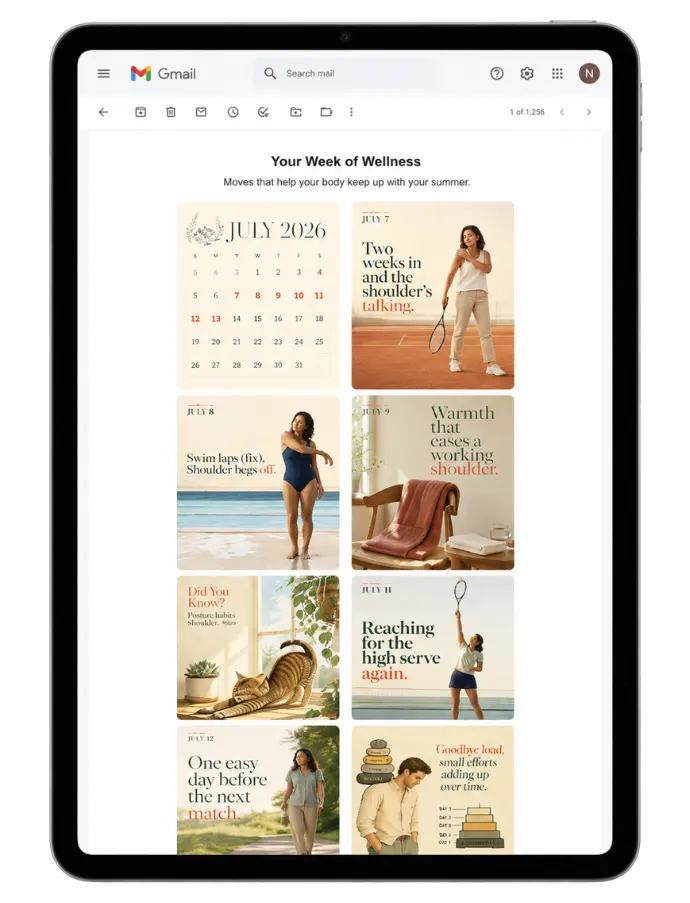 The Week of Wellness calendar in a chiropractic newsletter, shown on a tablet