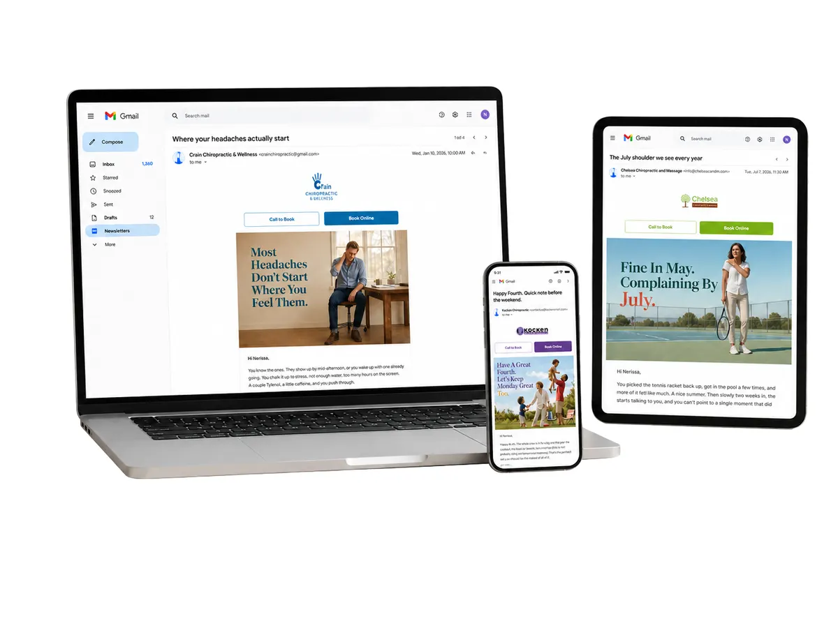 A client newsletter Chiro Connect wrote, open on a laptop, a phone, and a tablet.
