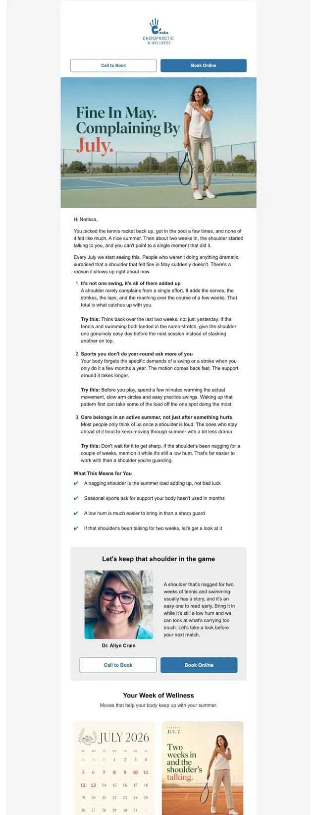 A real chiropractic patient newsletter Chiro Connect writes and sends for a client clinic