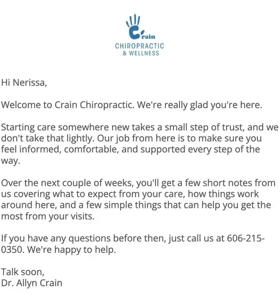 A real new patient welcome email Chiro Connect writes and sends for a client clinic